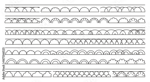 Vector line art collection of decorative borders with various semicircular and scalloped patterns.