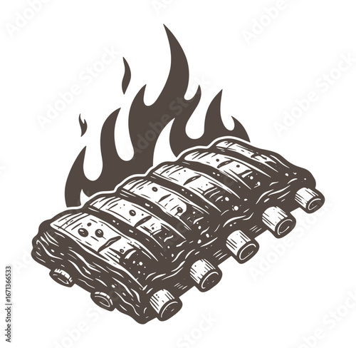 Delicious grilled barbecue ribs with flames in vintage hand drawn style for food branding