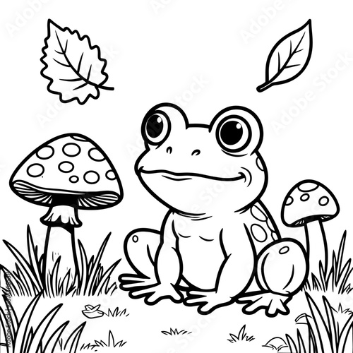 Black and white cartoon illustration of funny frog and toadstool animal character for coloring book
