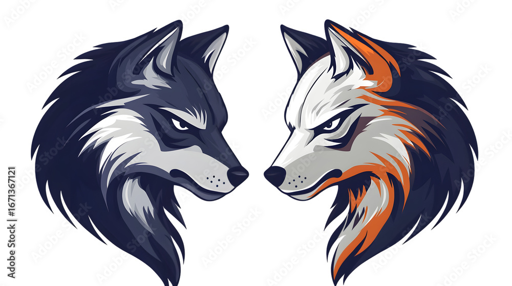 Fototapeta premium Angry wolf face side, wolf mascot logo, black and white animal symbol design isolated on transparent background