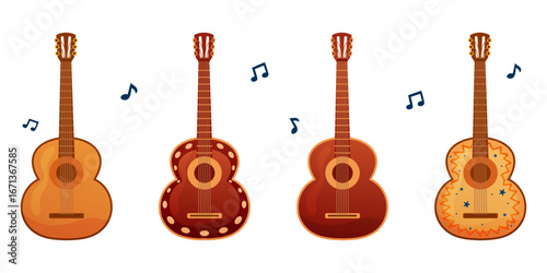 Set of guitars with decorative details and music notes illustration
