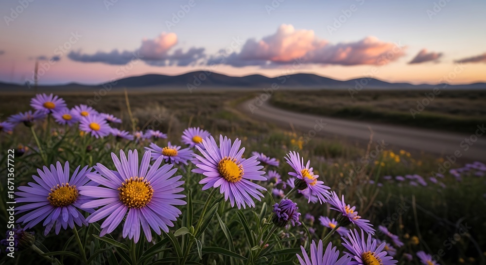 Fototapeta premium Vibrant purple asters bloom at sunset over serene mountain landscape