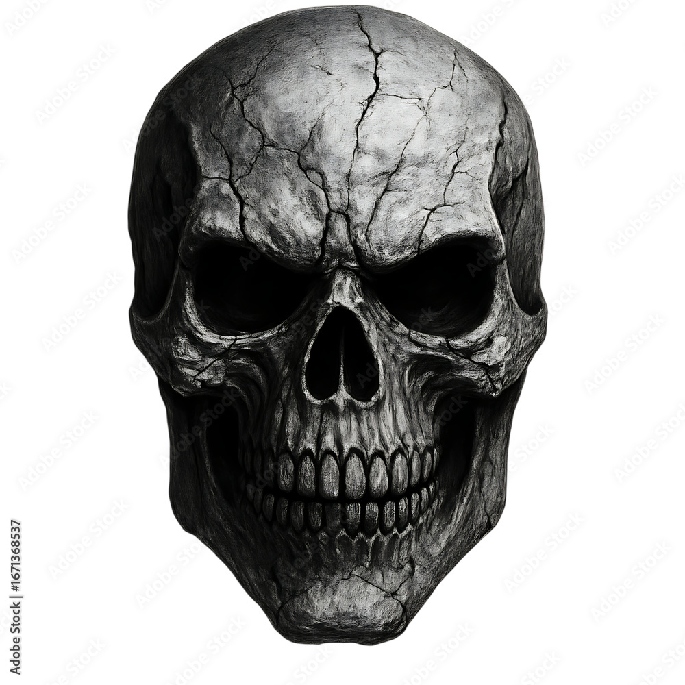Obraz premium Detailed Gray Skull with Cracks and Dark Eyes on a Black Background for Spooky Aesthetic and Halloween Themes