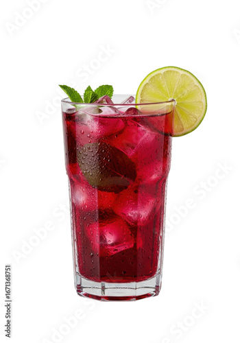 Tall glass of deep red hibiscus agua fresca (Agua de Jamaica) with condensation, clear ice cubes, lime wedge, and mint, isolated on transparent, commercial beverage concept