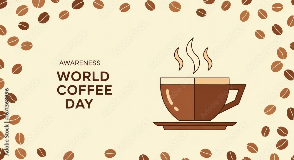 Obraz premium Celebrate World Coffee Day with a Steaming Cup and Delicious Beans