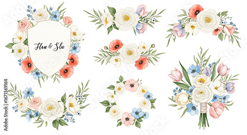 Watercolor Floral Arrangements And Wreaths For Wedding And Invitation Card Designs Artistic And Elegant Illustration On Isolated Background