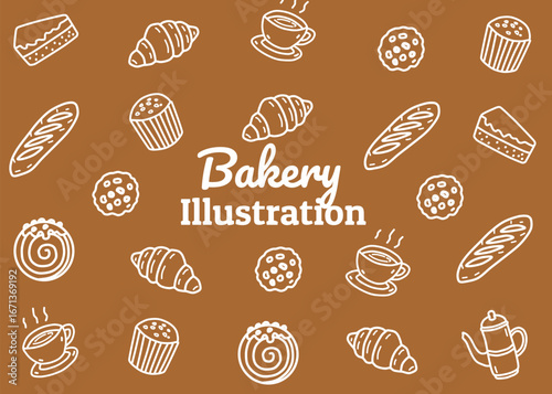A set of bakery illustration pattern with dark brown background, food packaging, menu illustration hand drawn print ads, food business, coffee shop