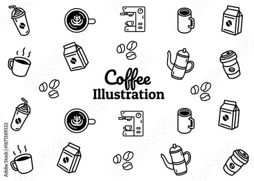 A set of coffee shop illustration pattern with white background, food packaging, menu illustration hand drawn print ads, coffee business, coffee shop