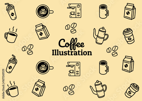 A set of coffee shop illustration pattern with soft brown background, food packaging, menu illustration hand drawn print ads, coffee business, coffee shop