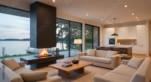 Modern lakeside living room with a sleek fireplace and expansive windows offering stunning sunset views.