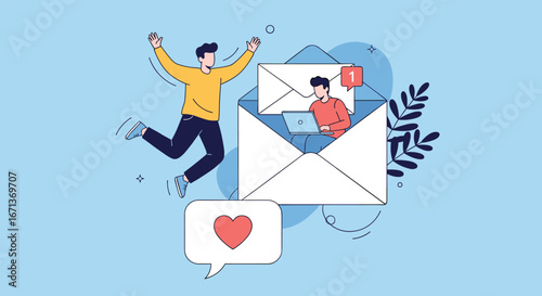 Excited person receiving positive email notification with heart icon and helpful colleague inside envelope illustration