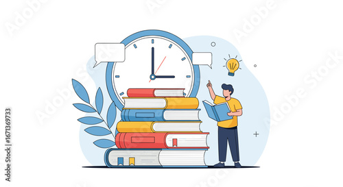 A student learns actively by reading an open book beside a stack of educational books and a large clock indicating the time for studying and growth