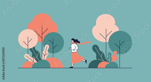 A person jogging through a colorful abstract forest in autumn season enjoying the outdoors