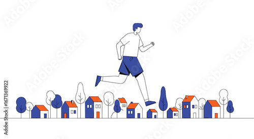 Active man jogging across picturesque neighborhood with stylized houses and trees in a clean modern design style