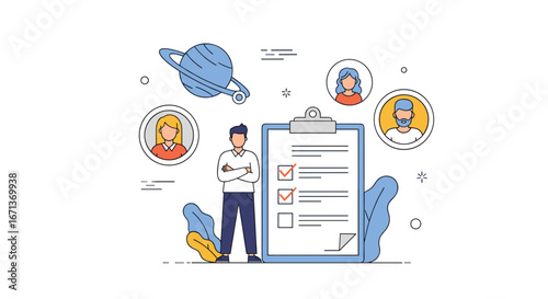 Analyzing human resources and business management with a checklist and team members illustration