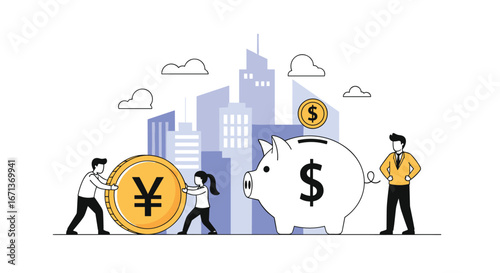 People working together to save money in a piggy bank with a city skyline in the background illustration