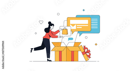 Unboxing surprise gifts with exciting promotional offers and customer feedback messages through digital communication channels