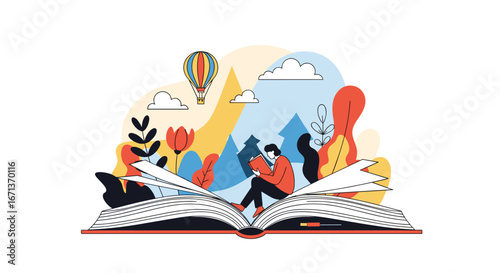 A person reading an open book surrounded by abstract nature elements and a hot air balloon