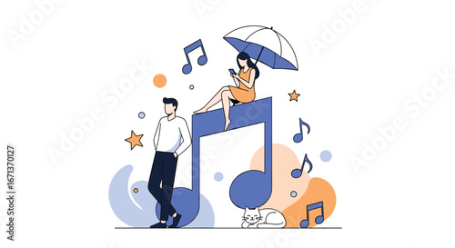 Young man and woman enjoying music on a giant musical note under an umbrella with a cat nearby surrounded by smaller notes and stars