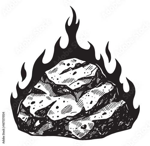 Hand-drawn illustration of burning coal or rock with flames and artistic textures in monochrome style.