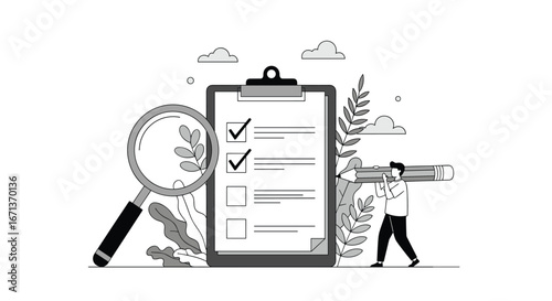 Detailed inspection of a project task list with checkmarks and a giant pencil illustration