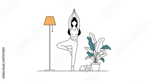 Woman practicing vrikshasana yoga pose in a serene living room setting with a lamp and potted plant nearby
