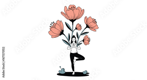 A woman in a yoga pose with blooming flowers emerging from her head and shoulders