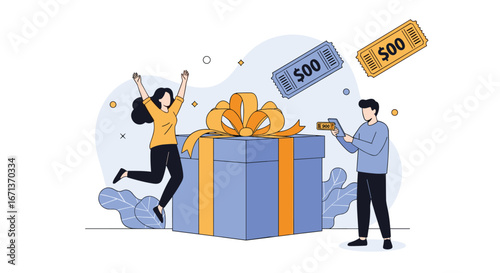 Excited couple celebrating receiving a large gift box with discount coupons flying around them representing a special promotion or reward