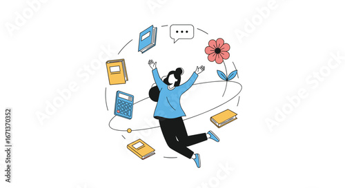 Creative student juggling knowledge ideas and personal growth achieving educational success and well-being through learning