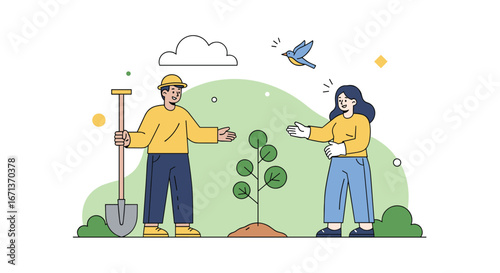 People planting trees together for a greener environment promoting teamwork and community engagement for ecological restoration efforts