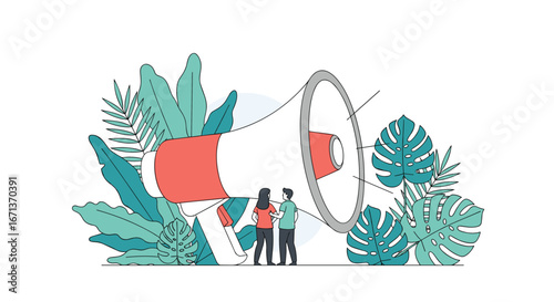 Announcement megaphone surrounded by lush tropical plants with people observing the powerful communication tool