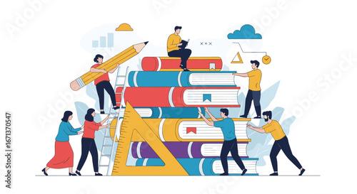Diverse group of people working together with books and learning tools representing education and collaboration