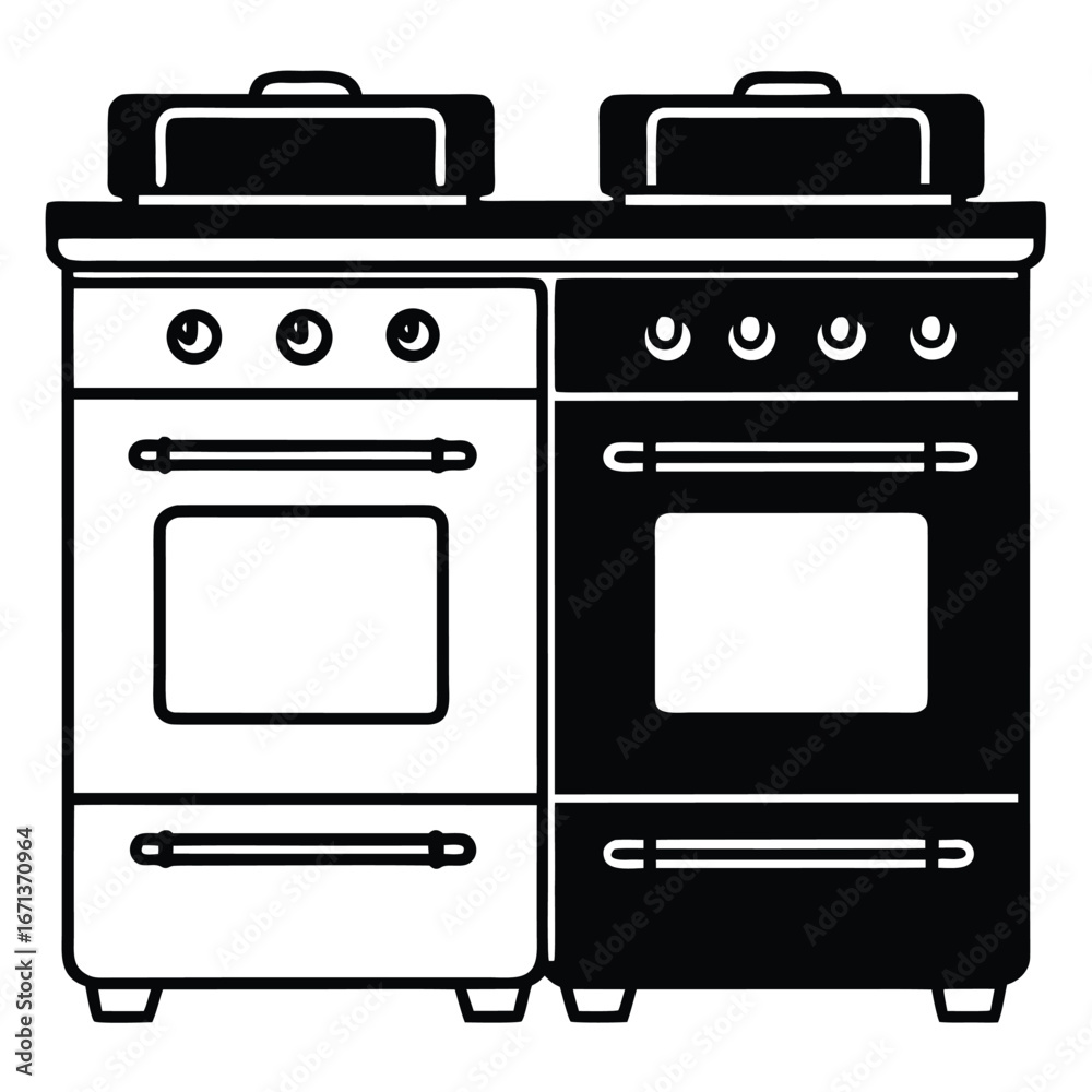 Black and white illustration of two modern kitchen stoves side by side with ovens and stovetops appliance Black and white illustration of two modern kitchen stoves side by side with ovens and stovetops appliance