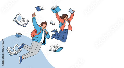 Joyful students experiencing the thrill of discovery with flying books and learning