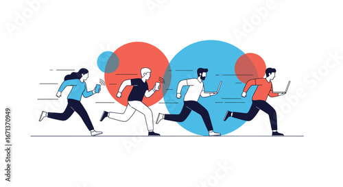 Modern business professionals actively engaging with technology while running forward