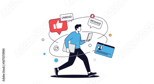Person with laptop navigating through digital social media engagement and online communication elements
