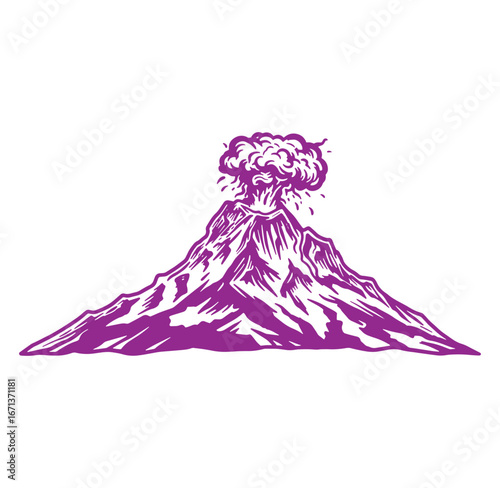 Purple volcanic mountain erupting with smoke representing nature's powerful force and earthquakes