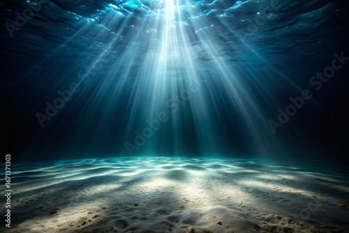 A serene underwater landscape with brilliant sun rays streaming through the deep blue water to the sandy ocean bottom