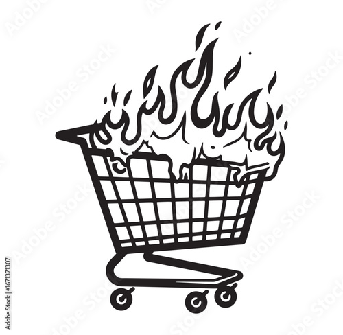 Shopping cart consumed by flames depicting overspending and economic crisis
