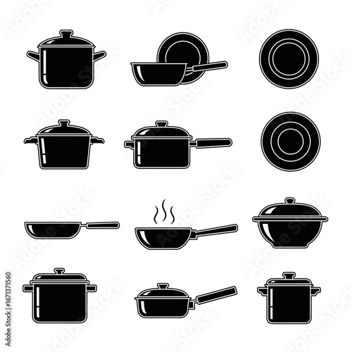 Collection of various cooking pots pans and saucepans for kitchen use