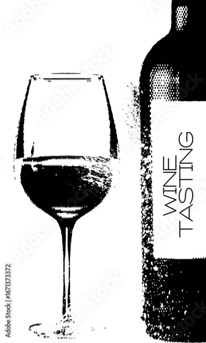 Design for bar, alcohol menu, wine tasting, grunge style illustration, texture shabby effect, wine bottle, glass. Restaurant banner, pinot noir, red wine, festival, drink party, sommelier