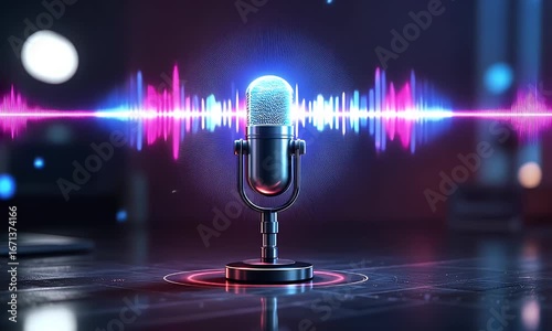 Glowing Neon Microphone with Audio Waveform Visualization in Dark Environment