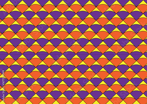Bold geometric pattern of interlocking orange, purple, and yellow triangles — vibrant, retro, and perfect for Halloween, festive, or playful designs with dynamic, eye-catching rhythm.