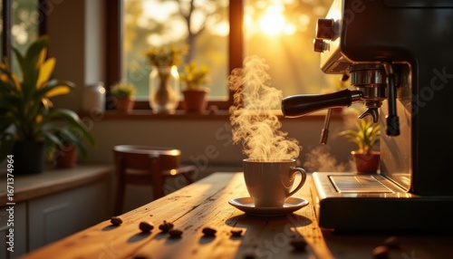 coffee machine morning routine steam highlighted in morning sunlight above clean cup, photo realistic style, high resolution, clear composition