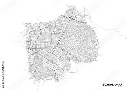 Vector city map of Guadalajara showing complete highways across the city in full layout view without zoom.
