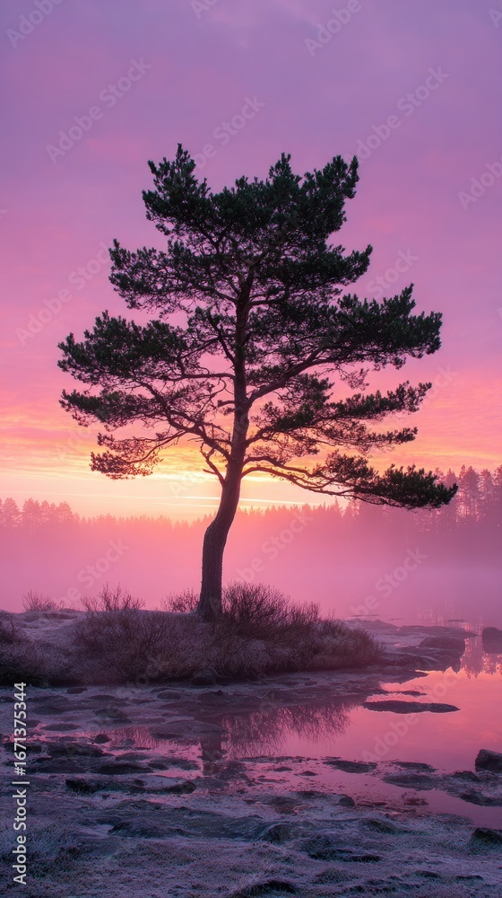 Fototapeta premium Solitary pine tree at dawn, misty lake