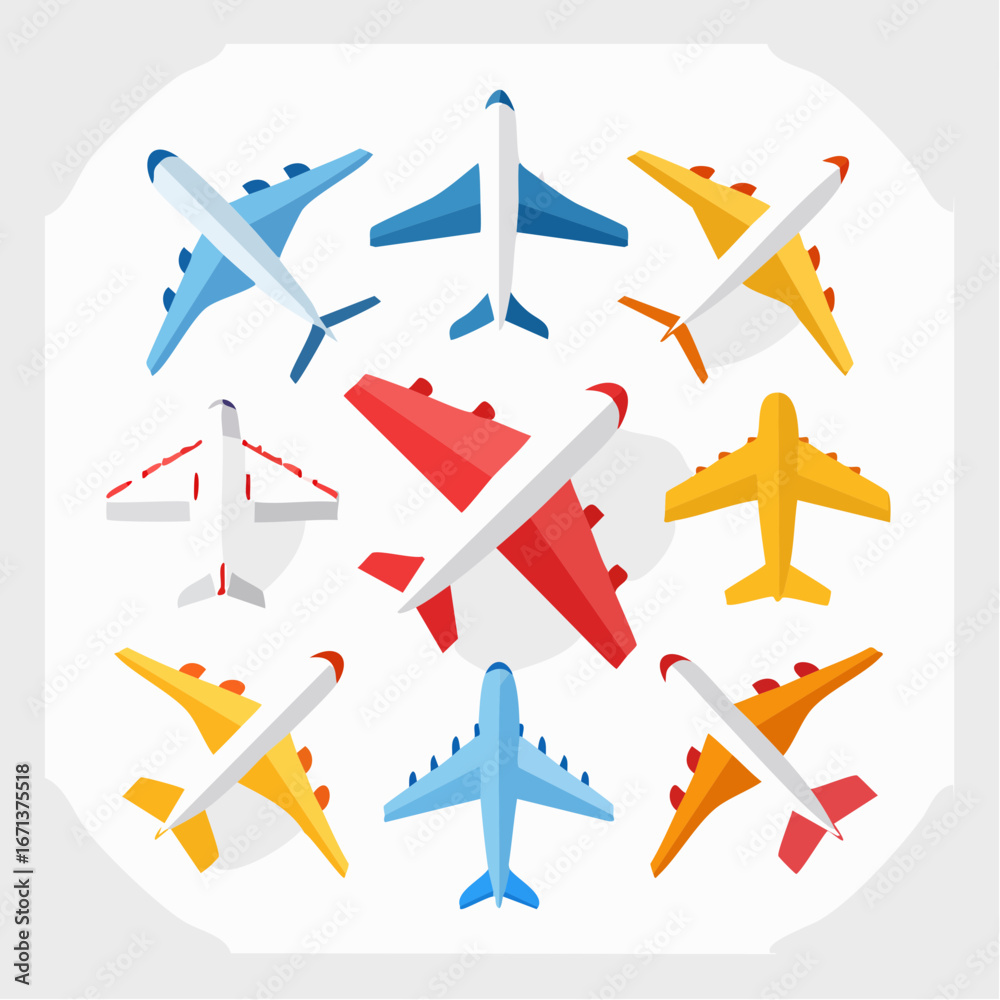 Fototapeta premium Airplane icon set with passenger jet, cargo plane, and paper plane. Perfect for travel, aviation, and transportation projects in flat vector style