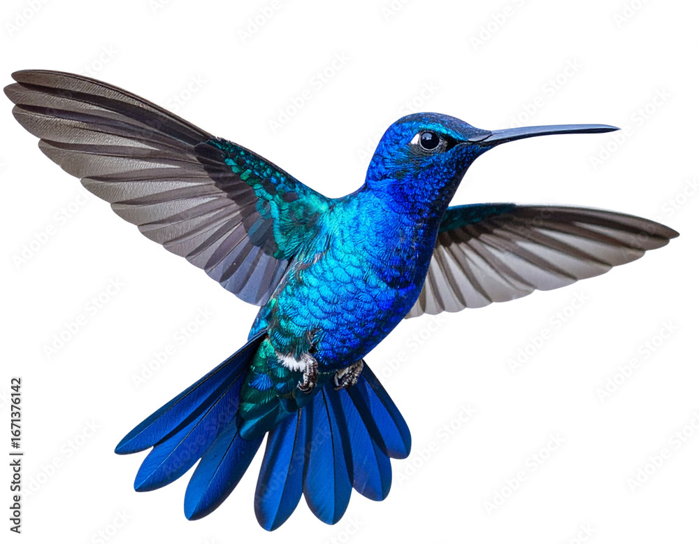 Obraz premium Bright Blue Hummingbird in Mid-Flight with Open Wings, Isolated on Transparent Background