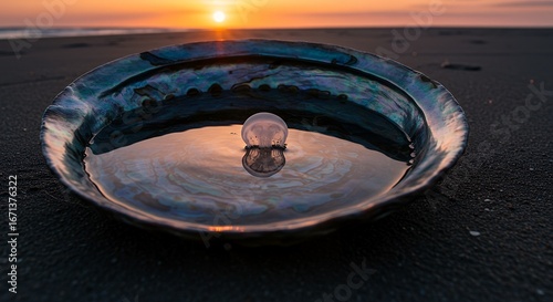Sunset Reflection in Iridescent Abalone Shell with Jellyfish-like Droplet on a Tranquil Beach