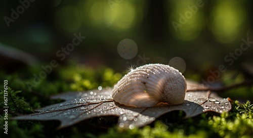 Sparkling Seashell with Dewdrops on Leaf Amidst Lush Green Moss